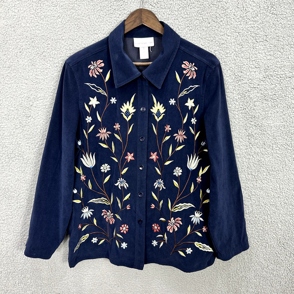 Susan Graver Button Up Shirt Floral Embroidered Blue Long Sleeve Boho Size Large - Picture 1 of 5